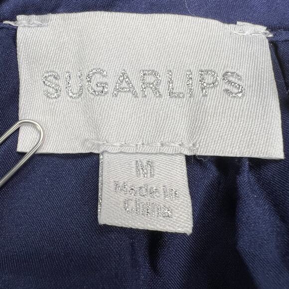 Sugarlips Rosie Eyelet Floral Split V-Neck Mini Dress Navy Blue-White Size M - Picture 3 of 13